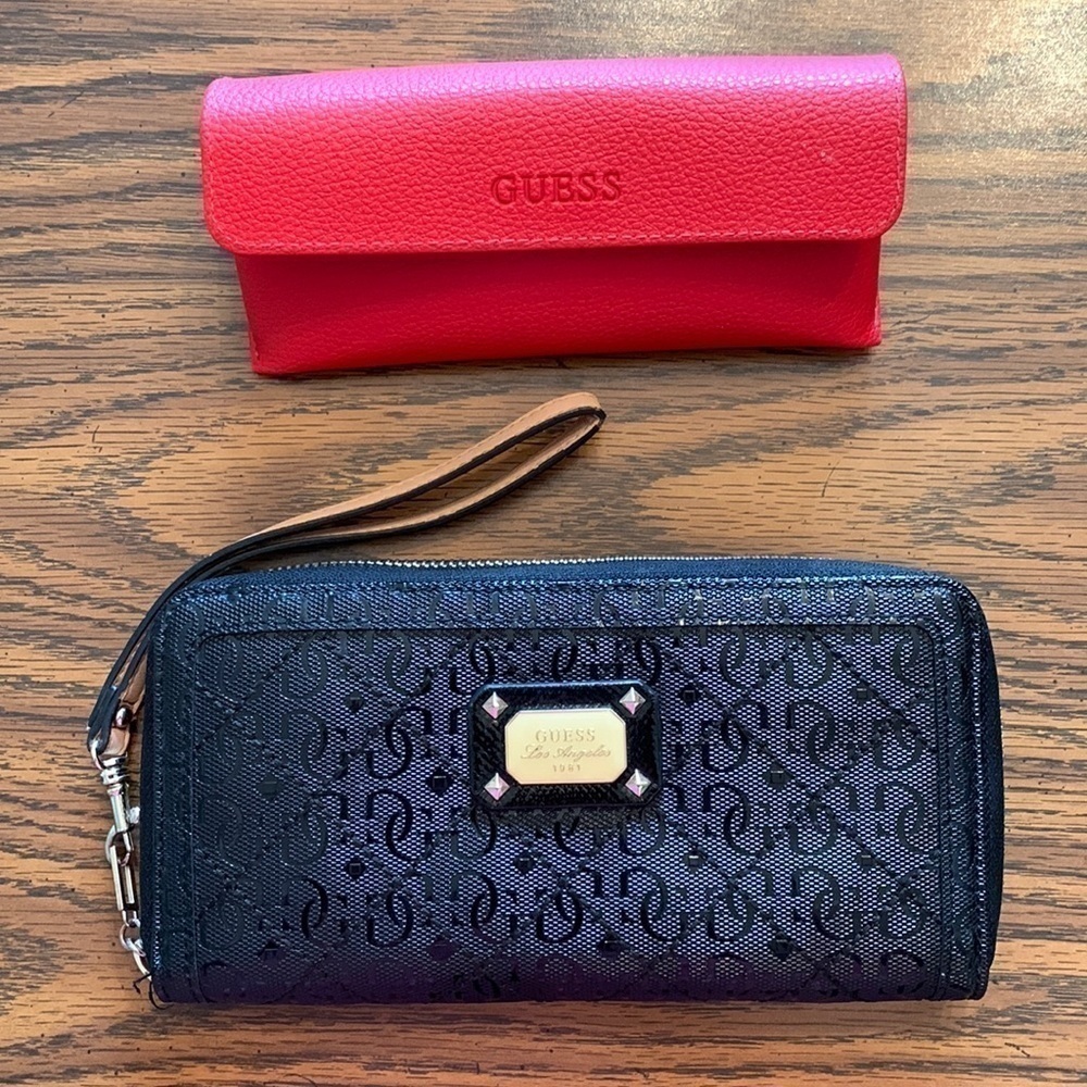 Guess Large Womens Zip around Wallet& Sunglasses Case. Black Walletw/tan strap. 